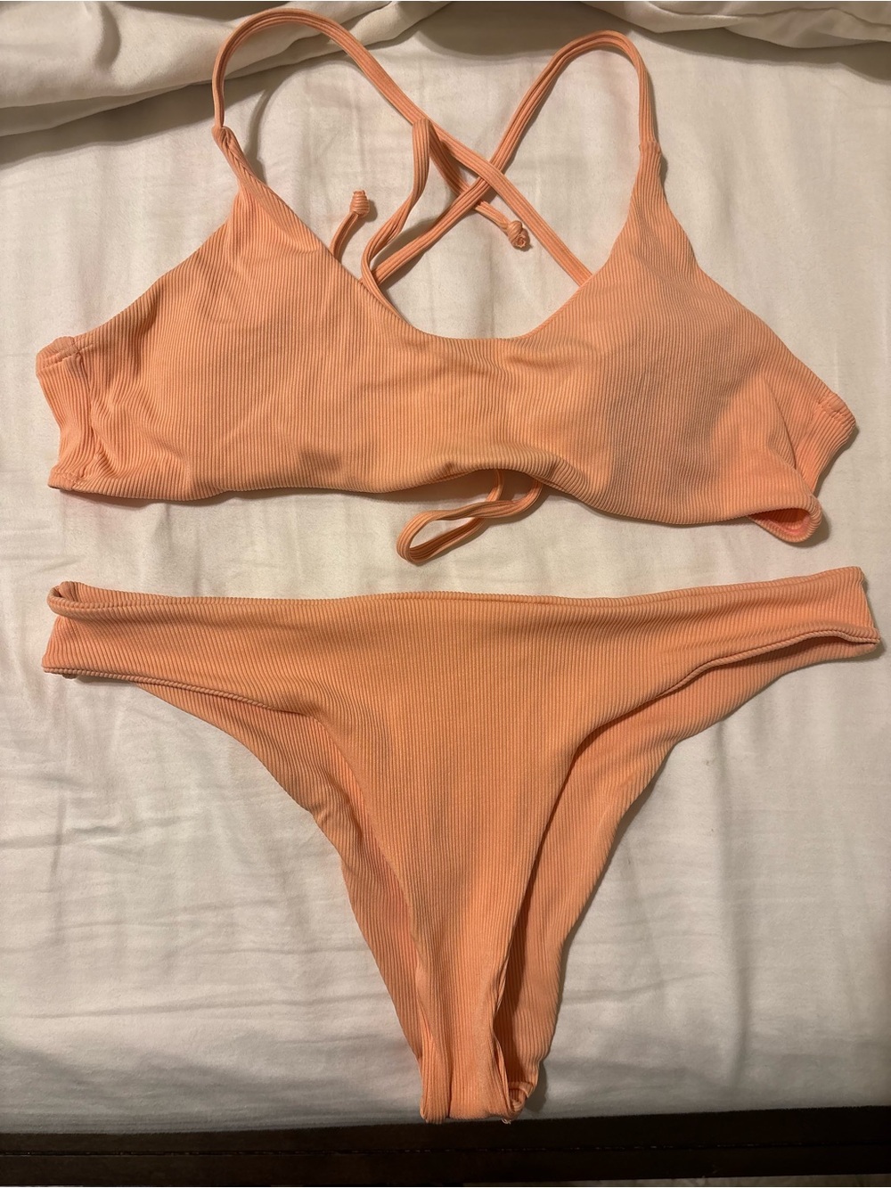 SHEIN Ribbed Cross-Strap Bikini Set - Peach Orange